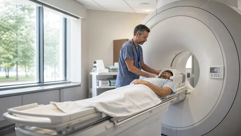 A radiologist positioning a patient in an MRI scanner, bright daylight through the windows