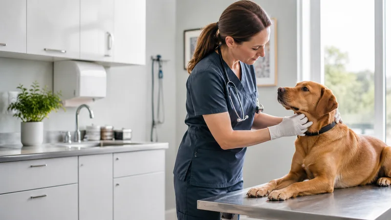 A veterinarian examining a dog on the exam table, bright daylight through the windows