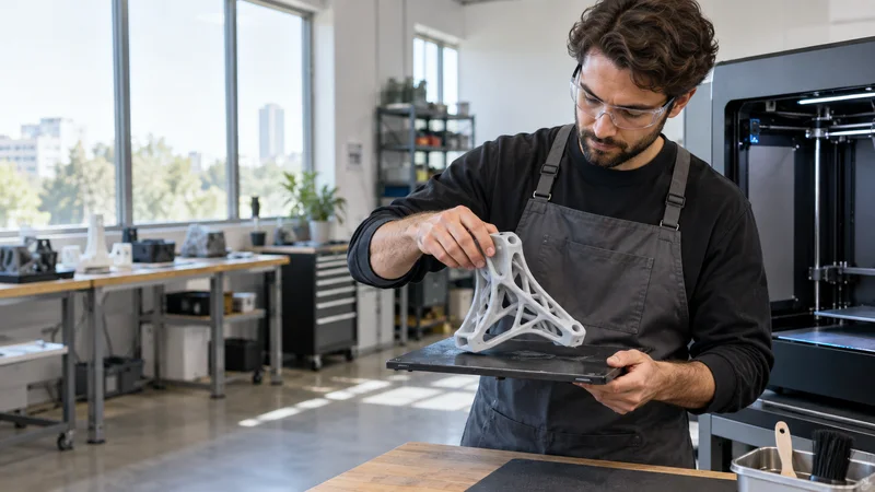 A 3d-printing technician removing a print from the build plate, bright daylight through the windows