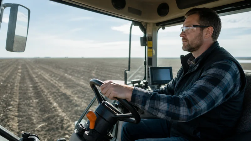 A farmer driving a tractor across a field, soft daylight