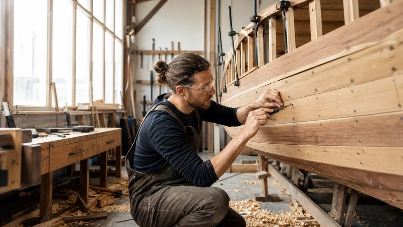 A boat builder planking a wooden hull at the cradle, bright daylight through the windows