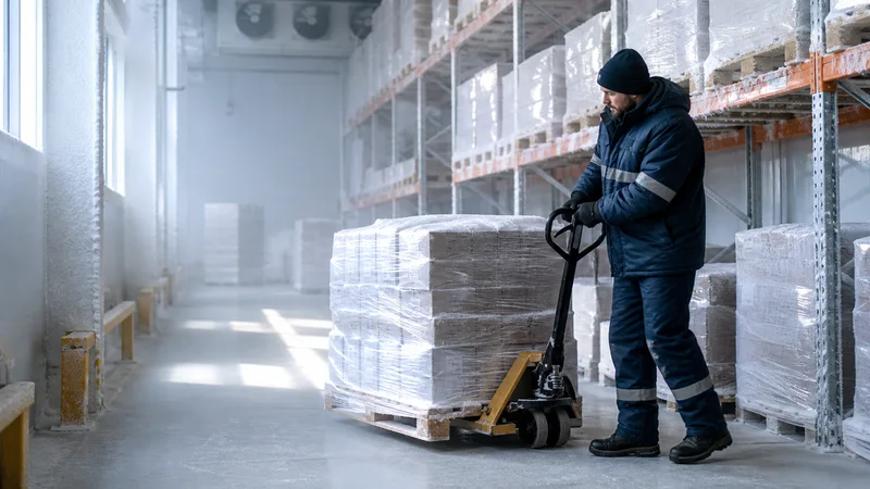 A cold-store operative moving frozen pallets in the freezer, bright daylight through the windows