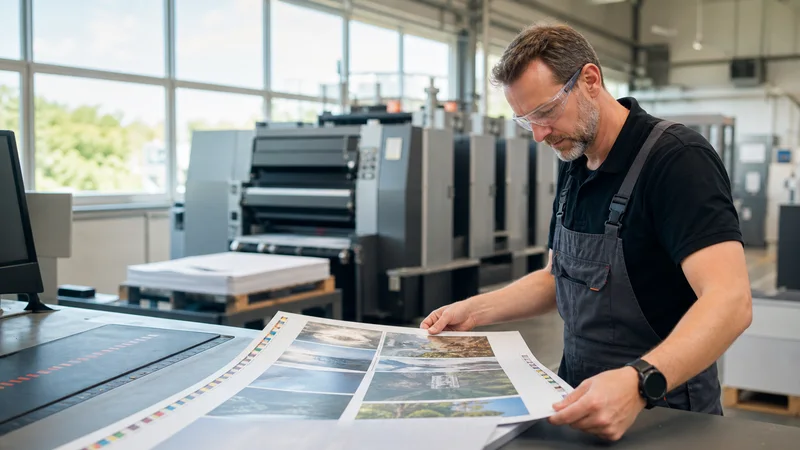 A print press operator checking colour on a press sheet, bright daylight through the windows