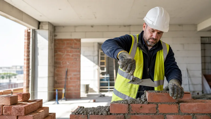 A construction site manager laying bricks with a trowel and mortar, soft daylight