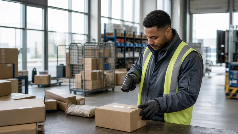 A delivery driver scanning a parcel at the depot, bright daylight through the windows