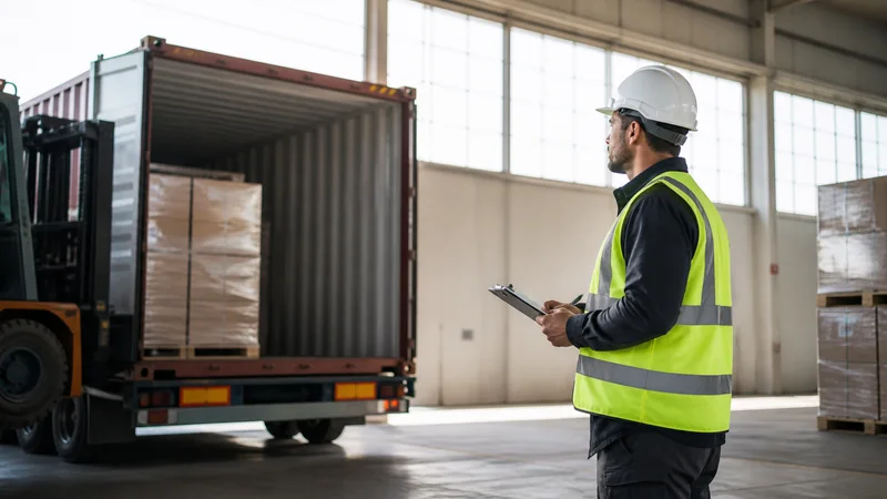 A freight forwarder loading a shipping container, bright daylight through the windows
