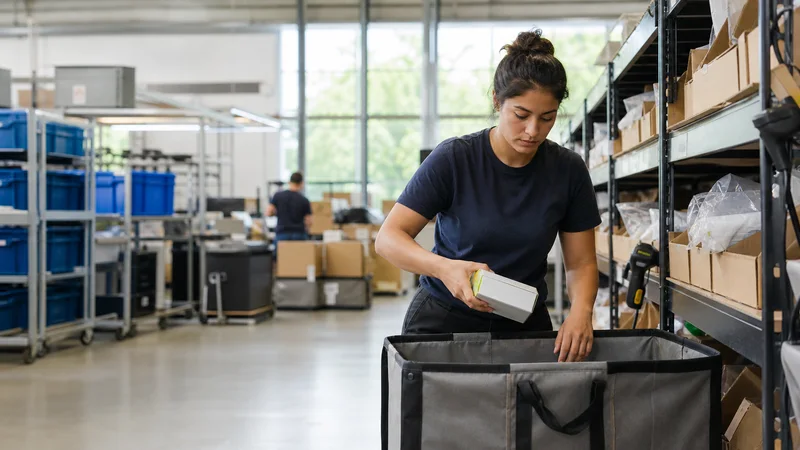 A fulfilment associate picking items into a tote, bright daylight through the windows