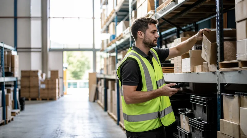A warehouse operative picking an order from the racks, bright daylight through the windows