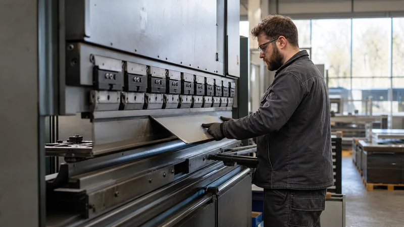 A metal fabricator bending sheet metal on a press brake, bright daylight through the windows