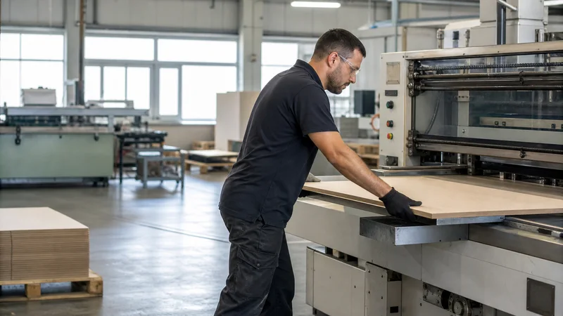A packaging machine operator feeding board into the die-cutter, bright daylight through the windows