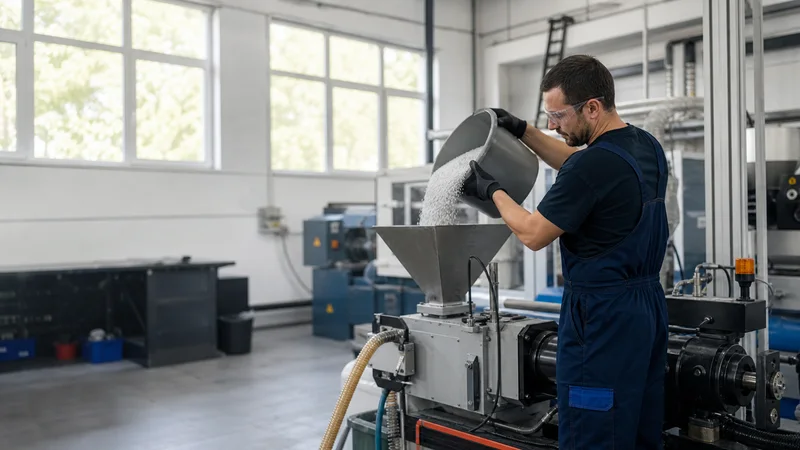 A moulding machine operator loading pellets into the hopper, bright daylight through the windows