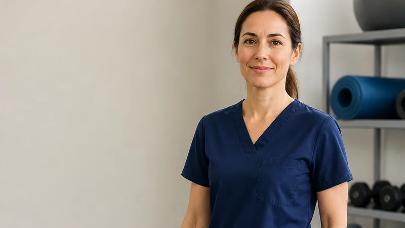 Mid-length portrait of a physiotherapist, physiotherapy, soft even indoor light, plain working backdrop with copy space