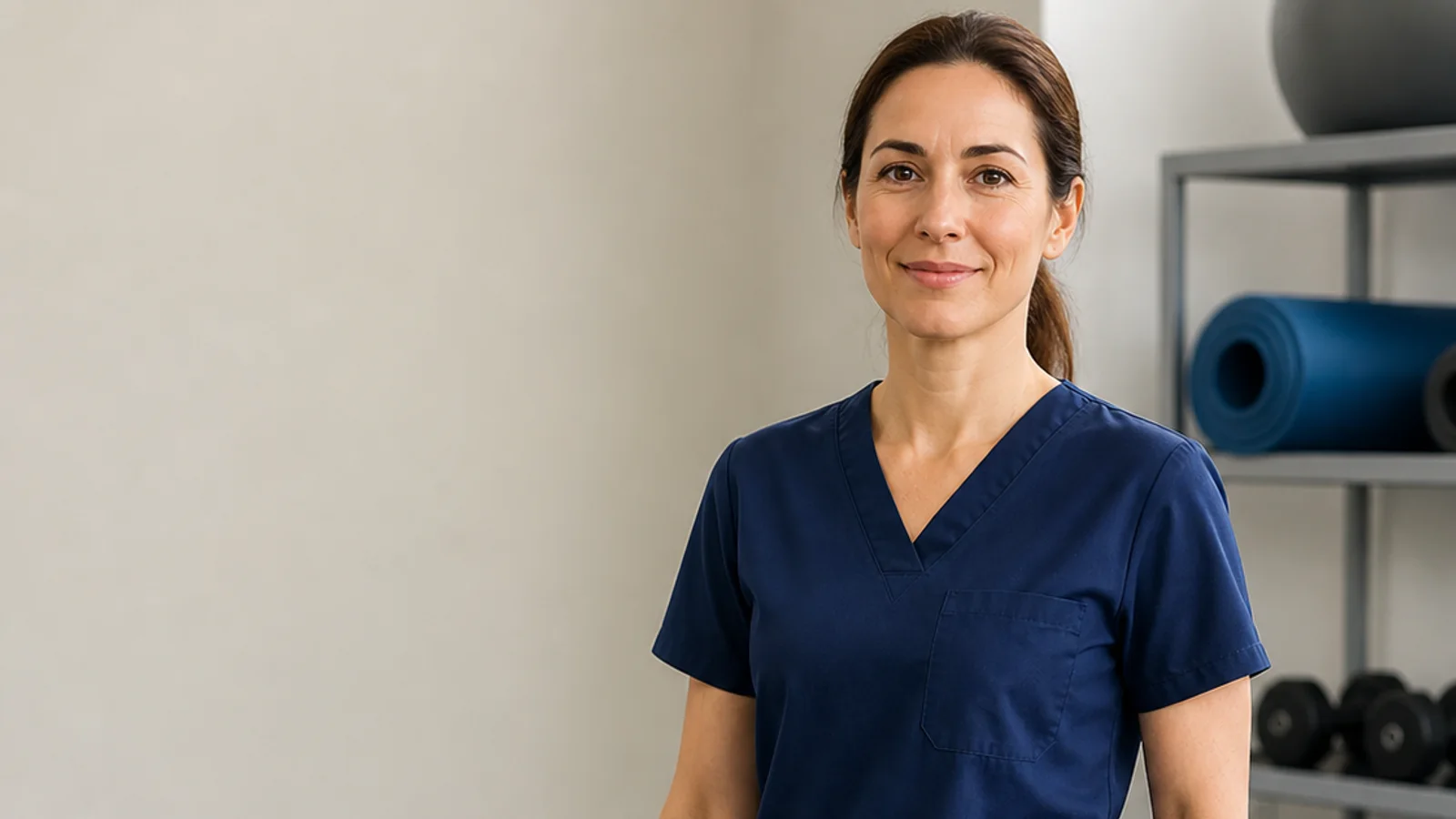 Mid-length portrait of a physiotherapist, physiotherapy, soft even indoor light, plain working backdrop with copy space