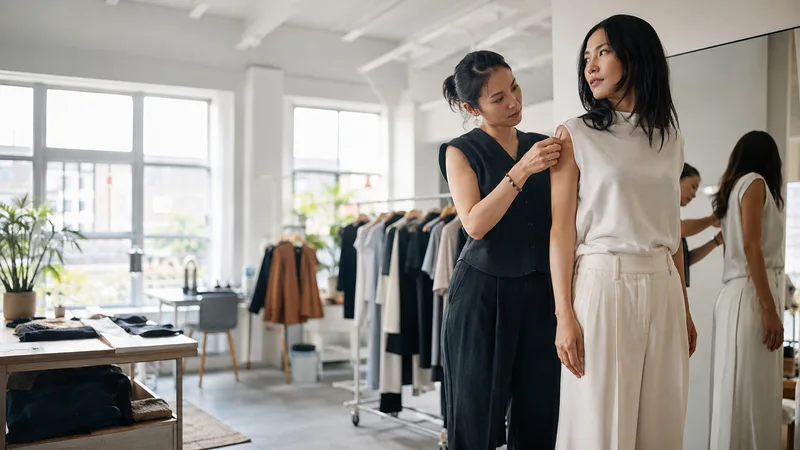 A fashion stylist styling a customer at a fitting mirror, bright daylight through the windows