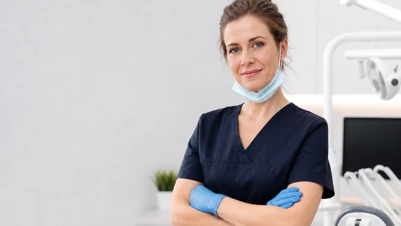 Mid-length portrait of a dentist, dental, soft even indoor light, plain working backdrop with copy space