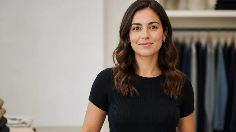 Mid-length portrait of a store associate, retail, soft even indoor light, plain working backdrop with copy space