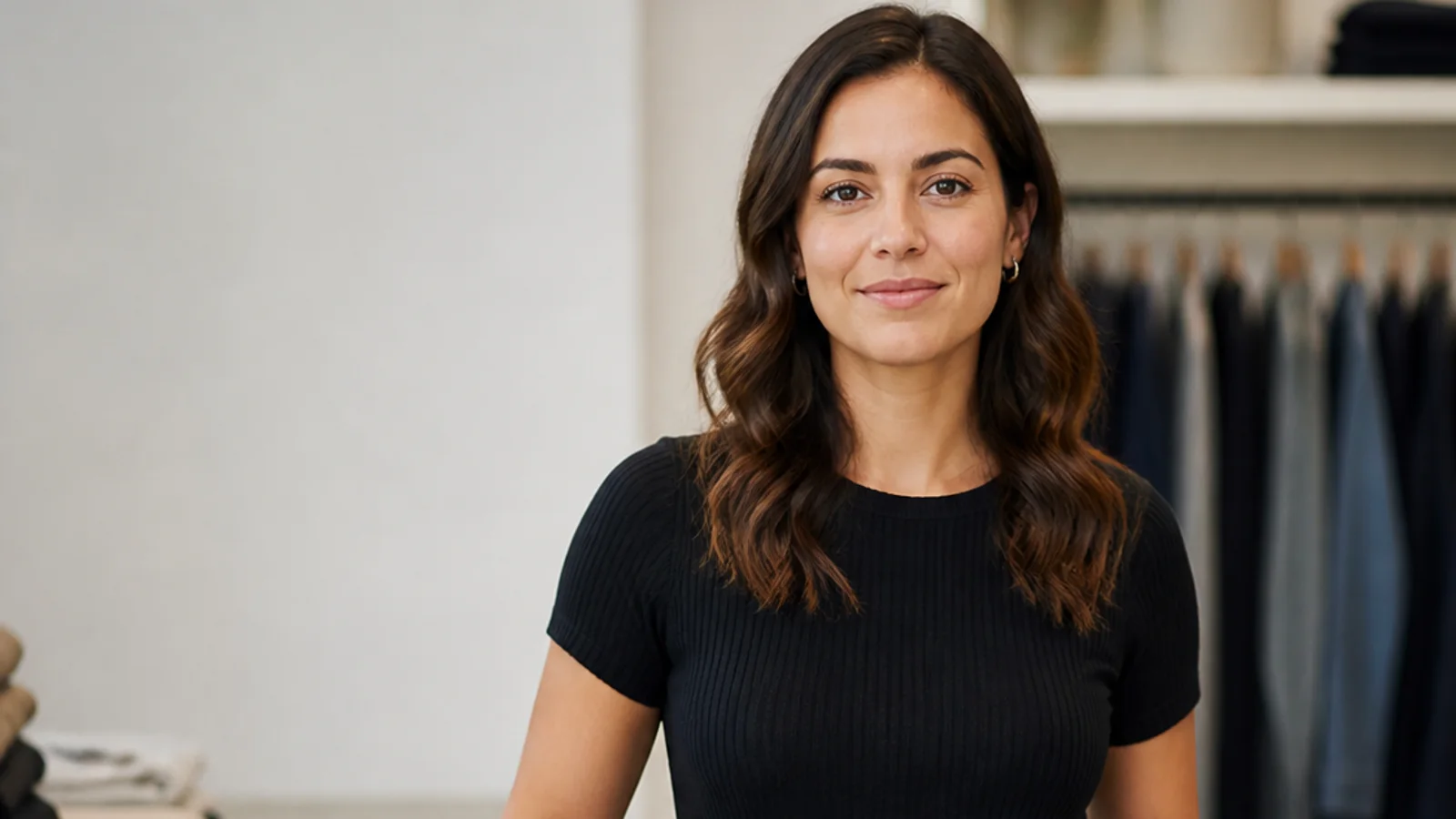 Mid-length portrait of a store associate, retail, soft even indoor light, plain working backdrop with copy space
