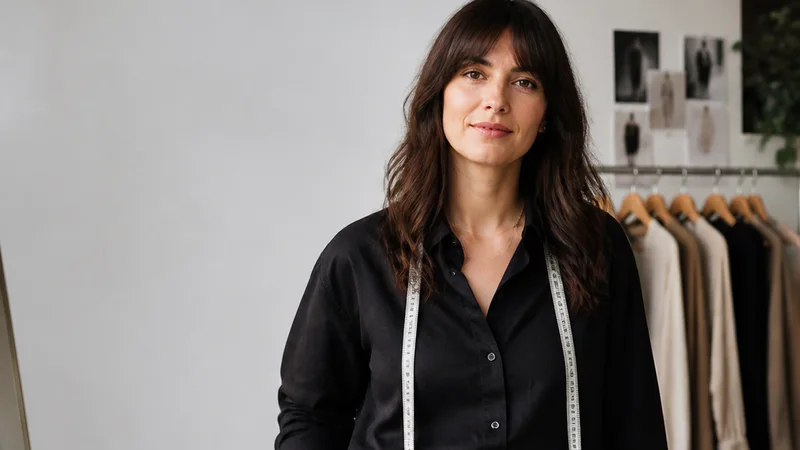 Mid-length portrait of a stylist, apparel fashion, soft even indoor light, plain working backdrop with copy space