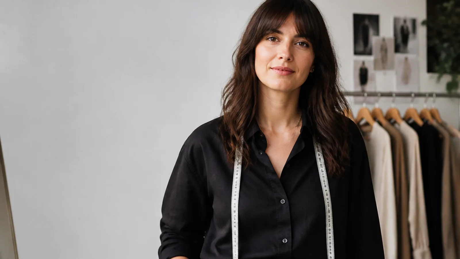 Mid-length portrait of a stylist, apparel fashion, soft even indoor light, plain working backdrop with copy space