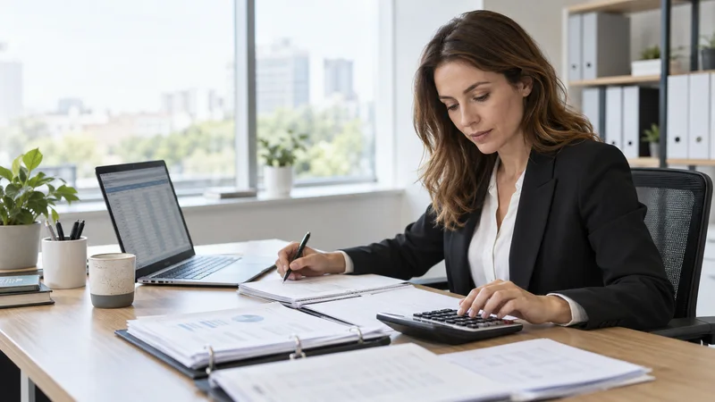 A accountant reconciling accounts on a spreadsheet, bright daylight through the windows