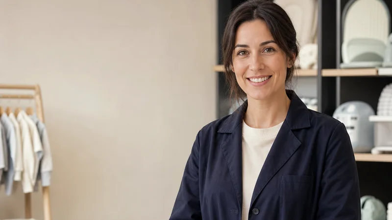 Mid-length portrait of a store advisor, baby parenting, soft even indoor light, plain working backdrop with copy space