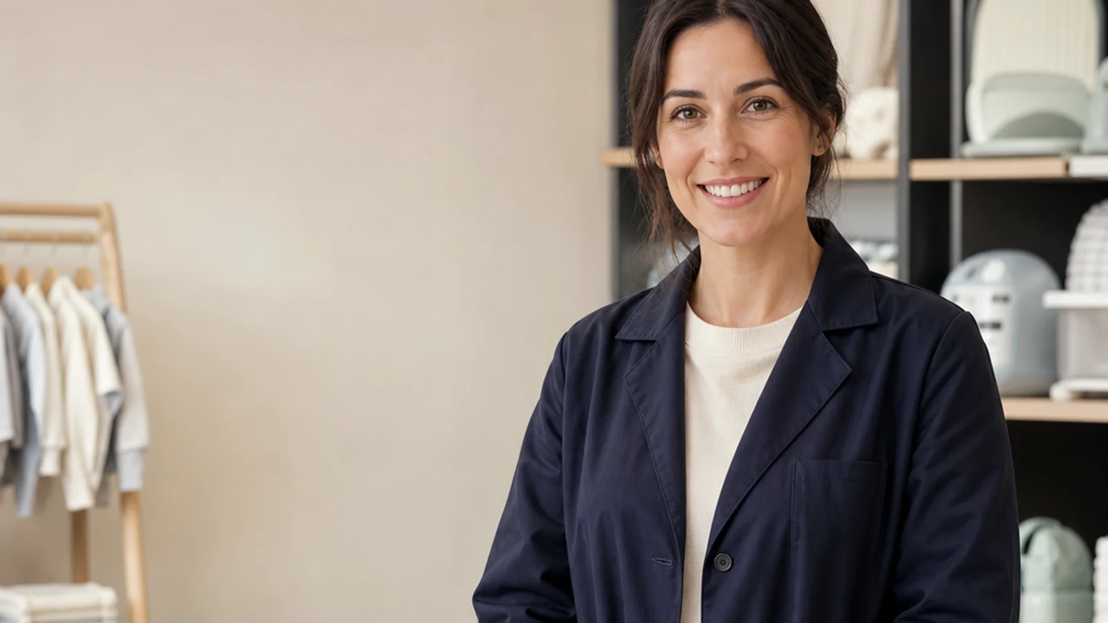 Mid-length portrait of a store advisor, baby parenting, soft even indoor light, plain working backdrop with copy space