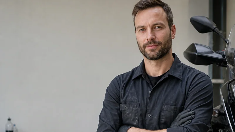 Mid-length portrait of a mechanic, motorcycle powersports, soft even indoor light, plain working backdrop with copy space