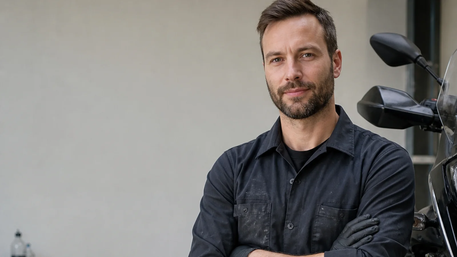 Mid-length portrait of a mechanic, motorcycle powersports, soft even indoor light, plain working backdrop with copy space