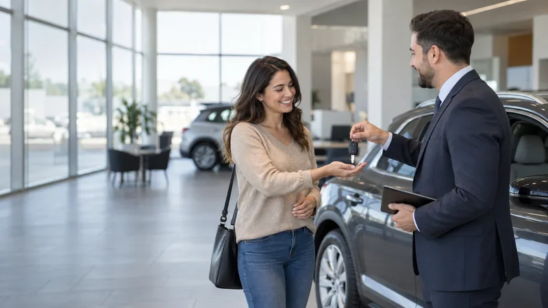 A car salesperson a salesperson handing car keys to a new owner, soft even indoor light