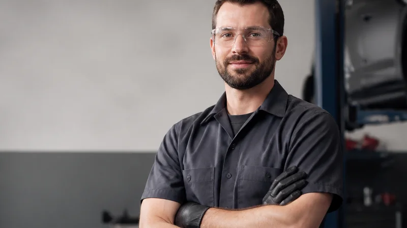 Mid-length portrait of a auto technician, automotive repair, soft even indoor light, plain working backdrop with copy space