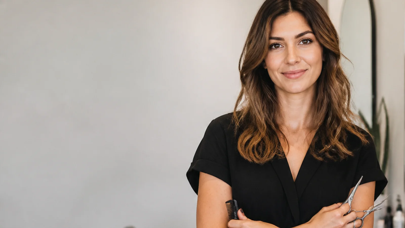 Mid-length portrait of a stylist, beauty salon, soft even indoor light, plain working backdrop with copy space