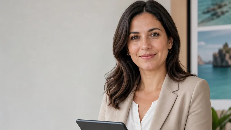 Mid-length portrait of a travel advisor, travel tourism, soft even indoor light, plain working backdrop with copy space
