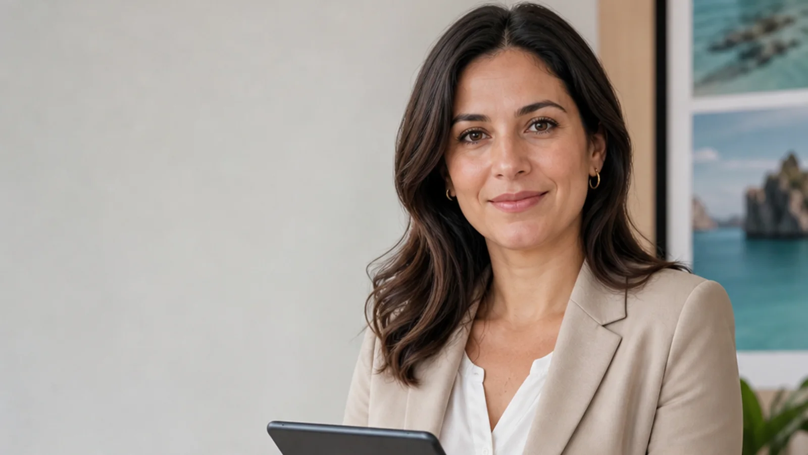 Mid-length portrait of a travel advisor, travel tourism, soft even indoor light, plain working backdrop with copy space