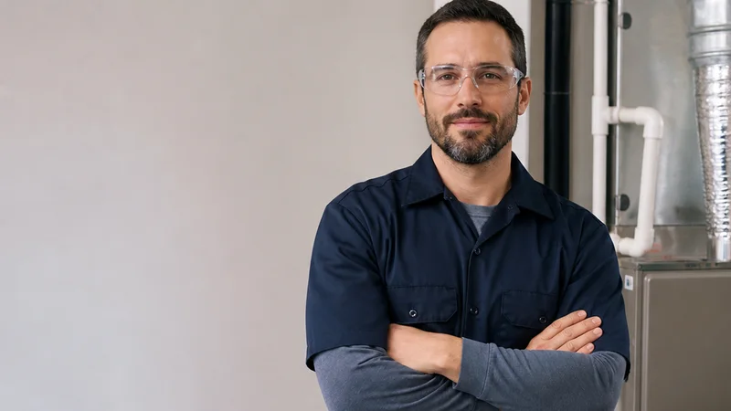 Mid-length portrait of a service technician, home services, soft even indoor light, plain working backdrop with copy space