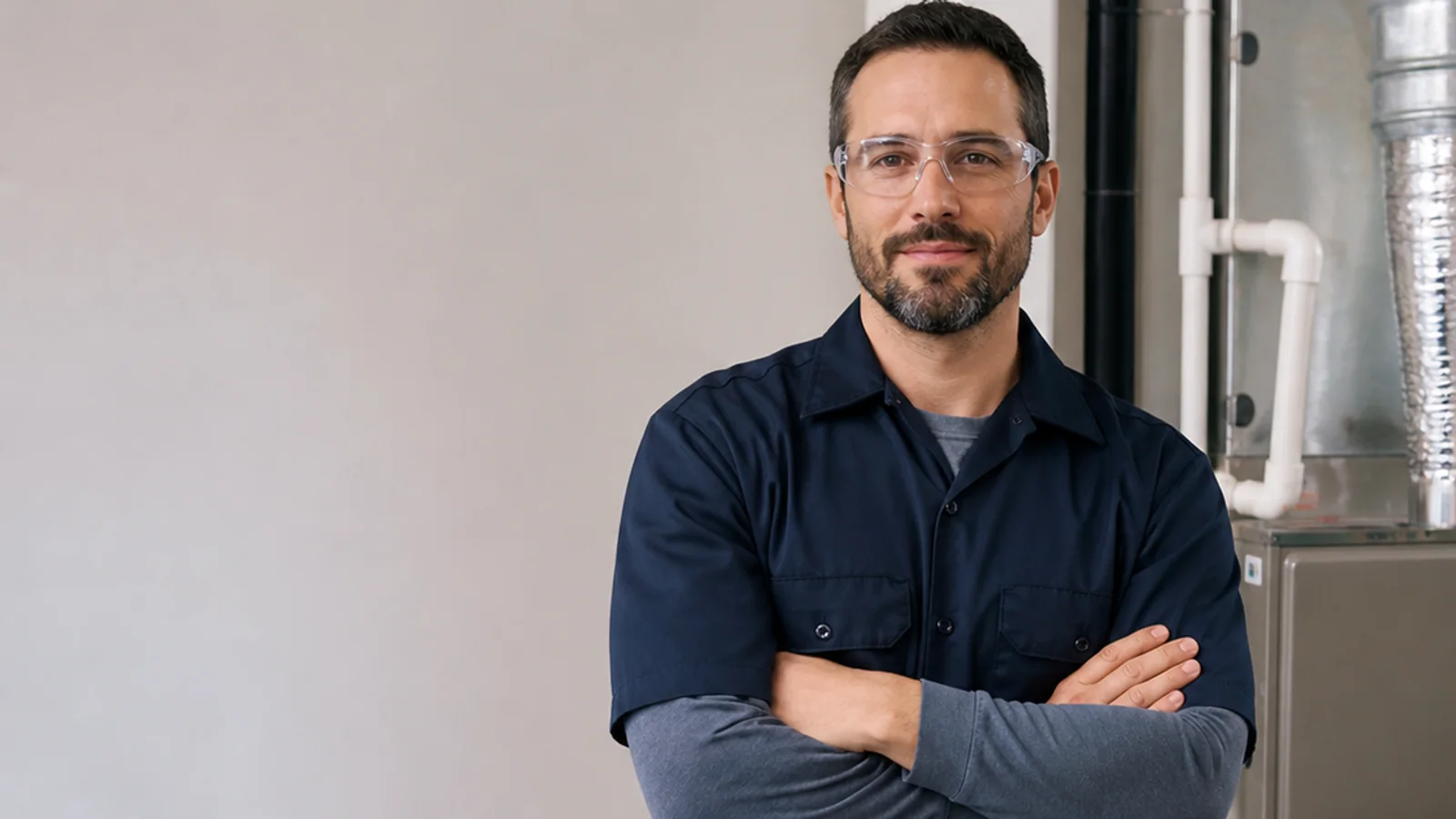 Mid-length portrait of a service technician, home services, soft even indoor light, plain working backdrop with copy space