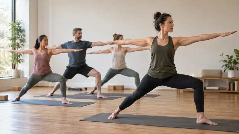 A yoga instructor leading a class through a yoga pose, soft even indoor light