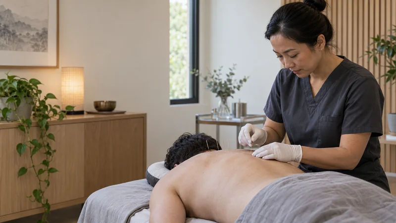 A acupuncturist inserting acupuncture needles into a patient's back, soft even indoor light