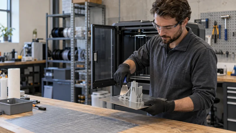 A 3d-printing technician removing a print from the build plate, soft even indoor light