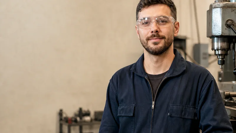 Mid-length portrait of a machine operator, manufacturing, warm interior light, plain working backdrop with copy space