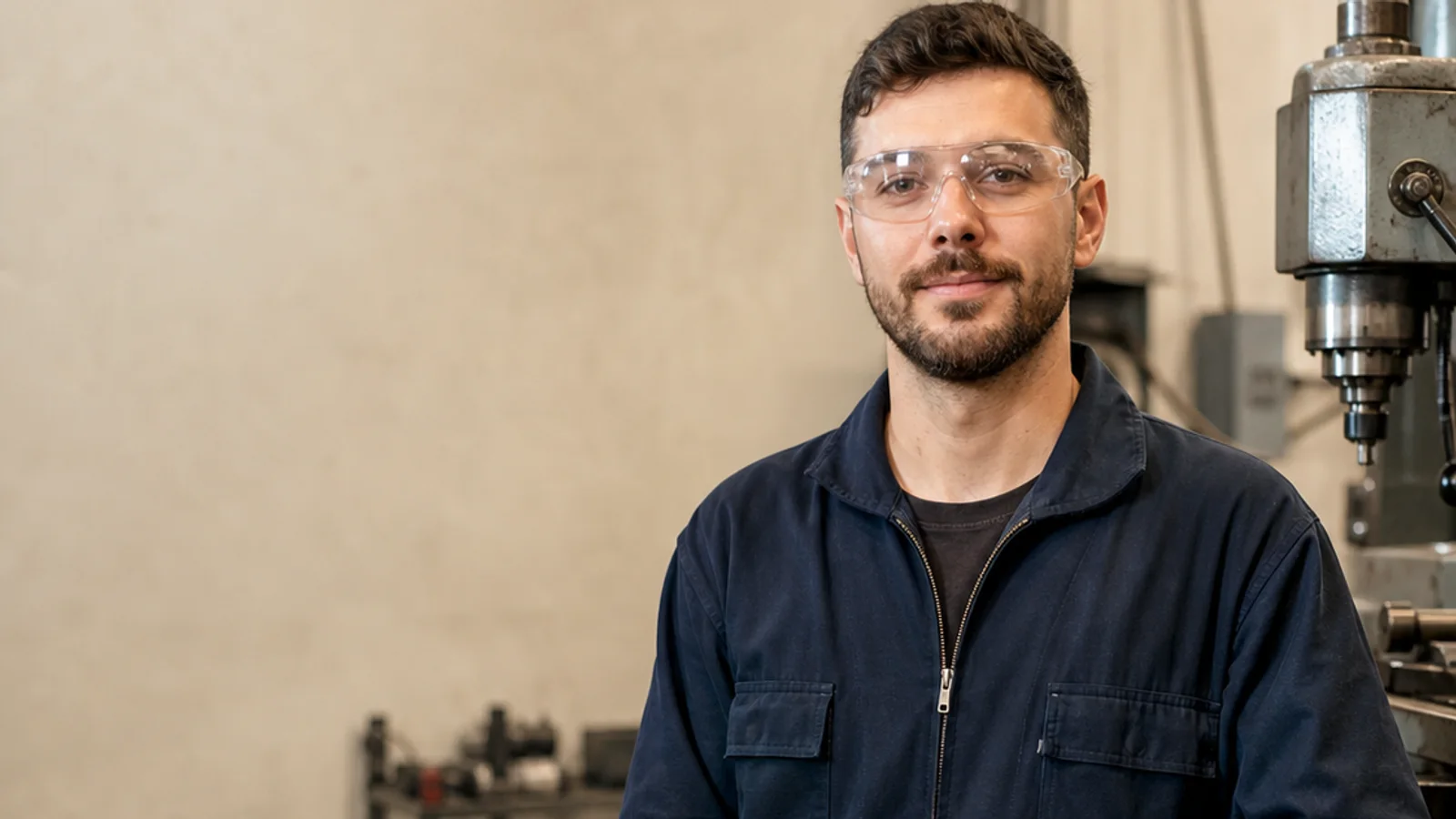 Mid-length portrait of a machine operator, manufacturing, warm interior light, plain working backdrop with copy space