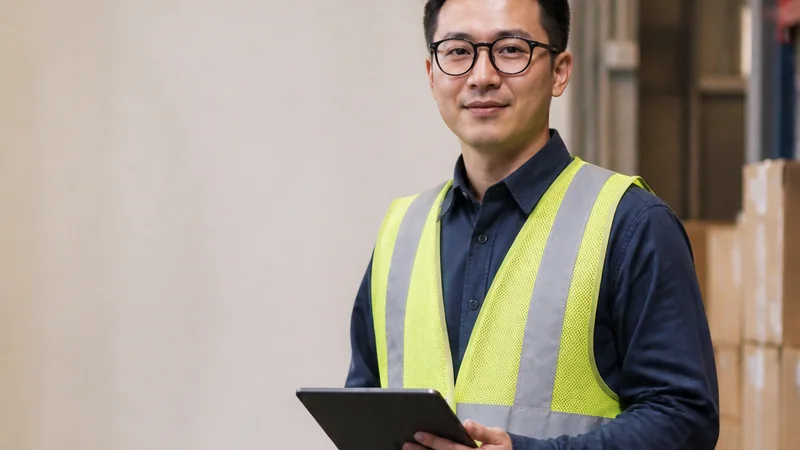 Mid-length portrait of a warehouse coordinator, logistics, warm interior light, plain working backdrop with copy space