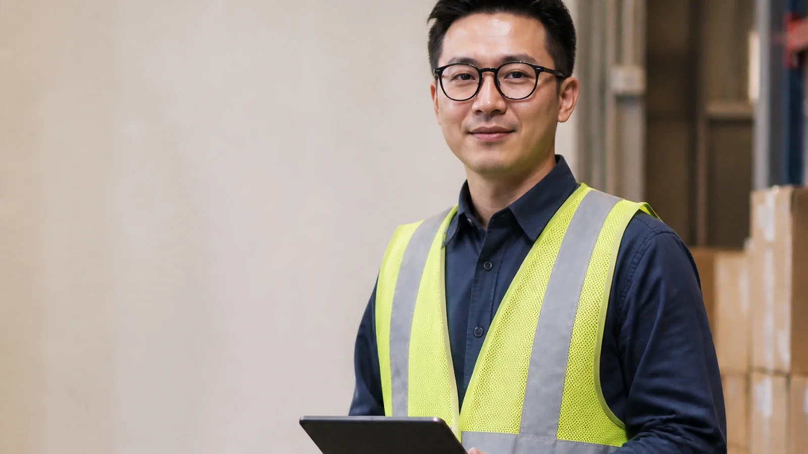 Mid-length portrait of a warehouse coordinator, logistics, warm interior light, plain working backdrop with copy space
