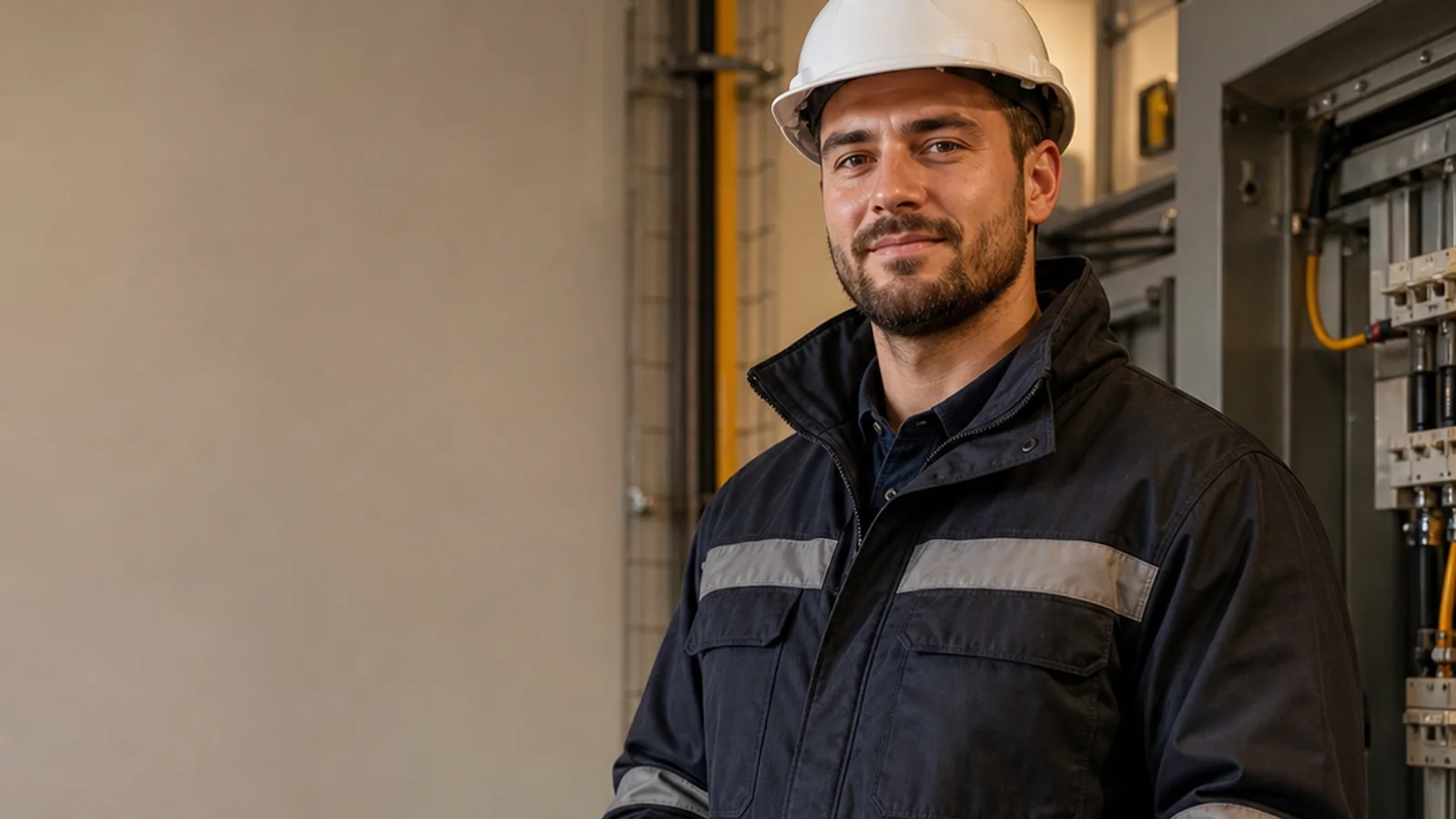 Mid-length portrait of a energy technician, energy, warm interior light, plain working backdrop with copy space