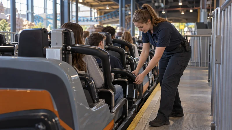 A ride operator checking lap bars on the coaster train, soft even indoor light