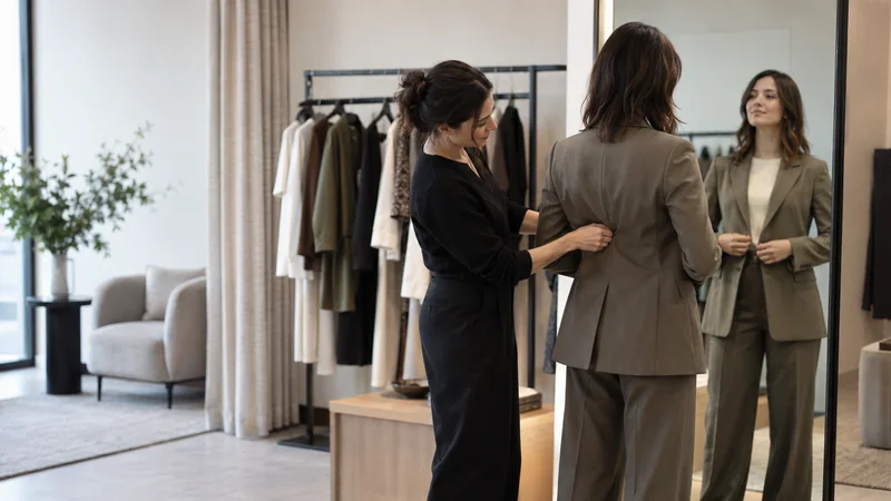 A fashion stylist styling a customer at a fitting mirror, soft even indoor light