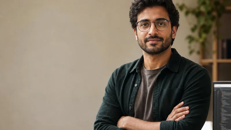 Mid-length portrait of a software engineer, software, warm interior light, plain working backdrop with copy space
