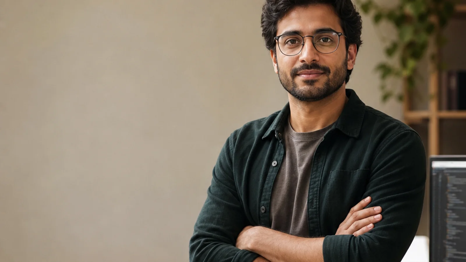 Mid-length portrait of a software engineer, software, warm interior light, plain working backdrop with copy space