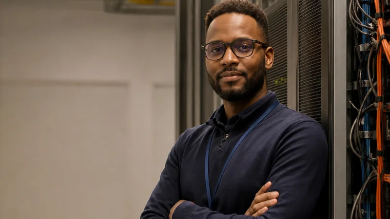 Mid-length portrait of a systems engineer, data centre, warm interior light, plain working backdrop with copy space