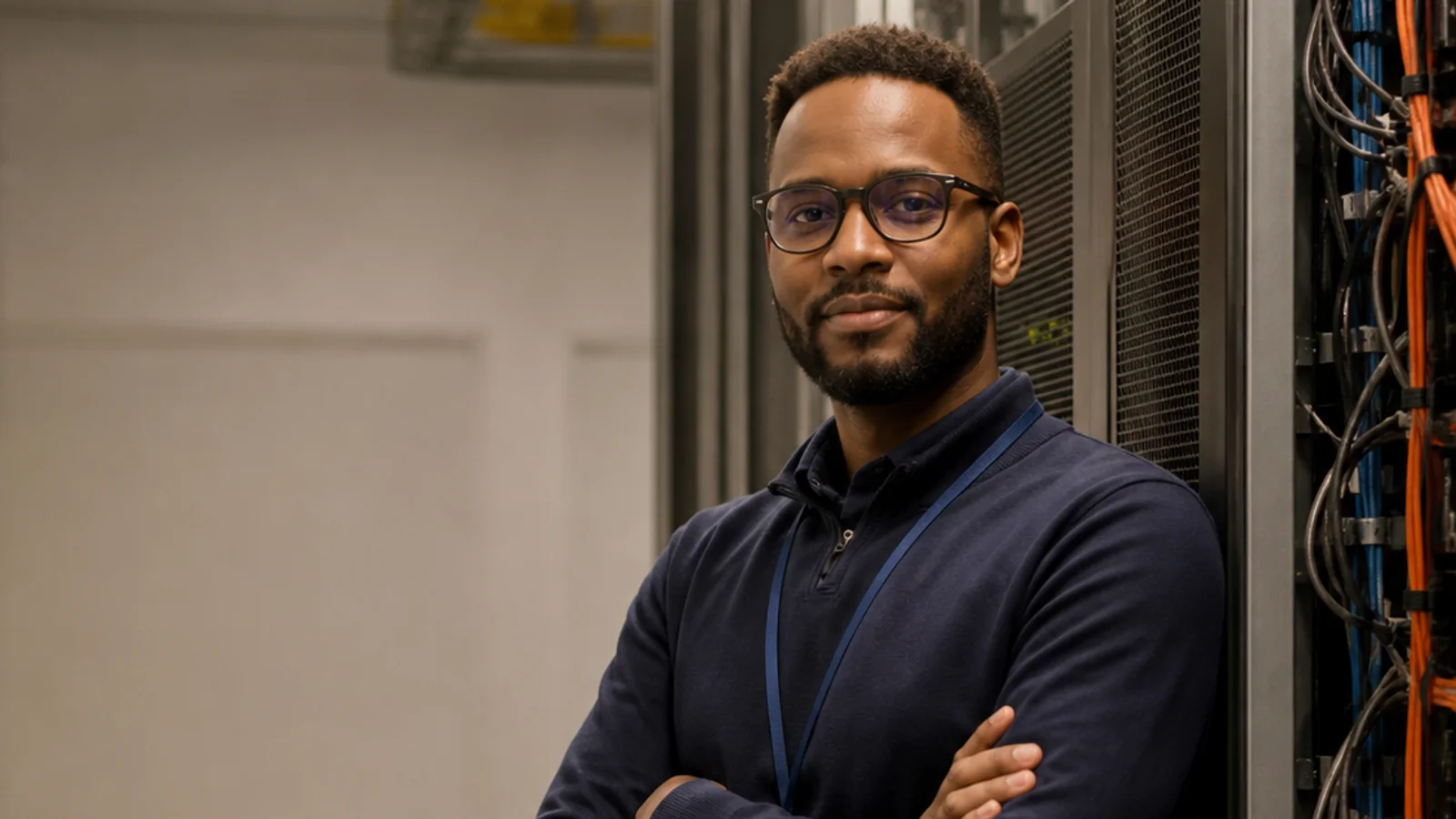 Mid-length portrait of a systems engineer, data centre, warm interior light, plain working backdrop with copy space
