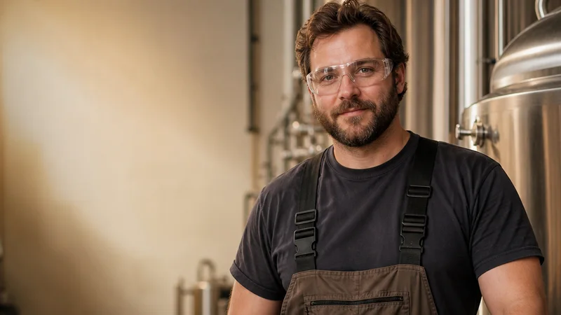 Mid-length portrait of a brewer, brewery, warm interior light, plain working backdrop with copy space